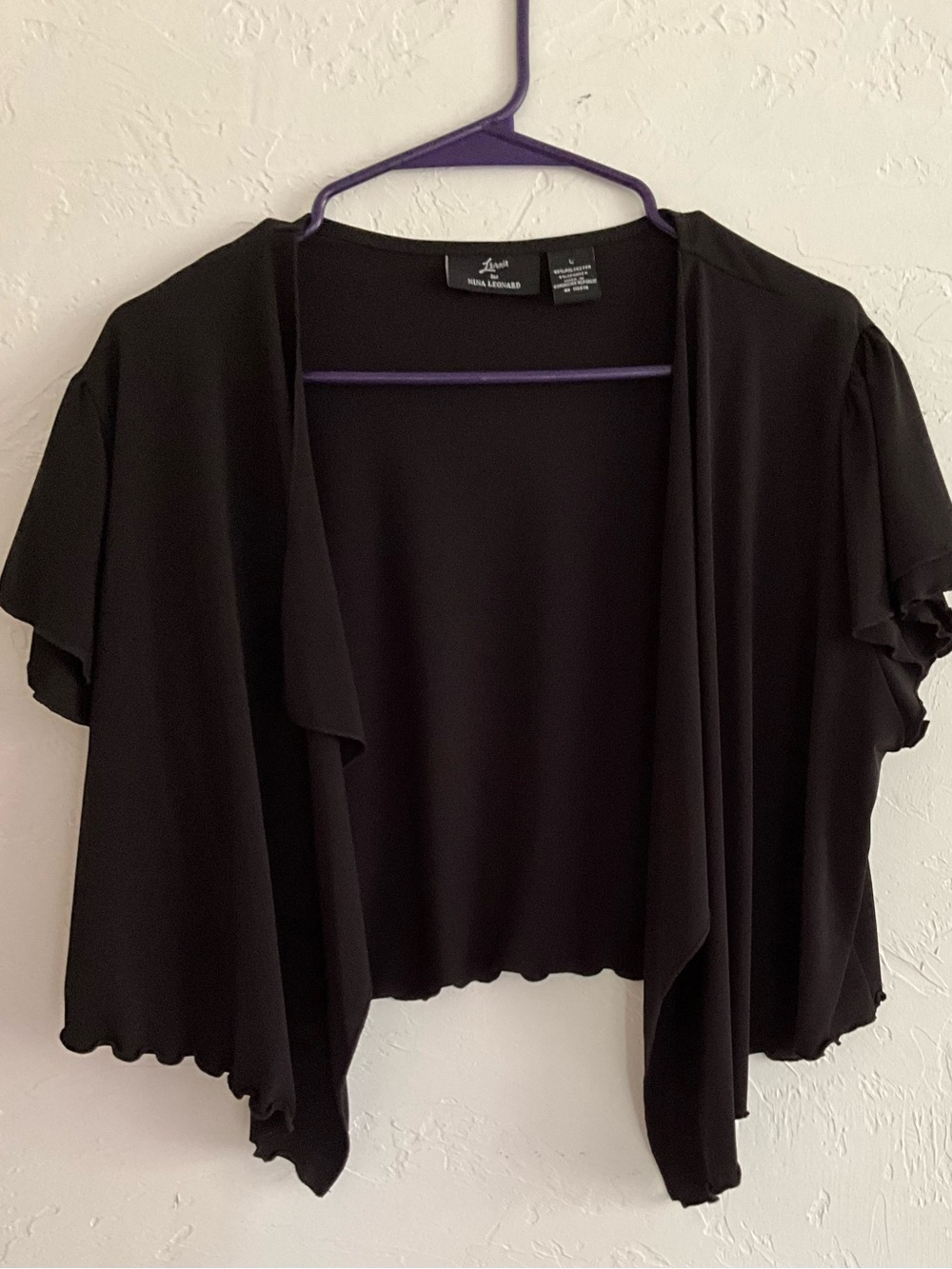 Lennie for Nina Leonard Black Open Front Ruffle Shrug Bolero Size Large